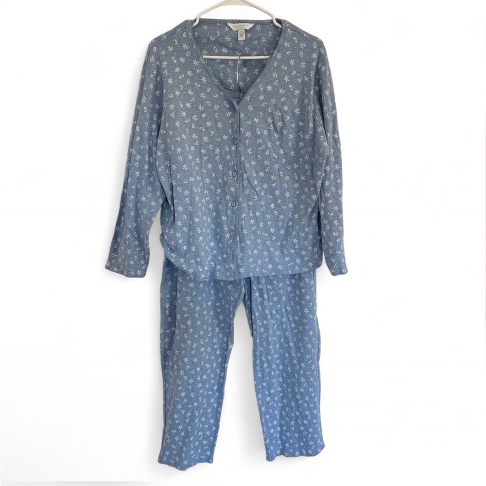 Charter Club Women’s XL 2 Piece Blue Cotton Pajamas Set Snowflake Penguin